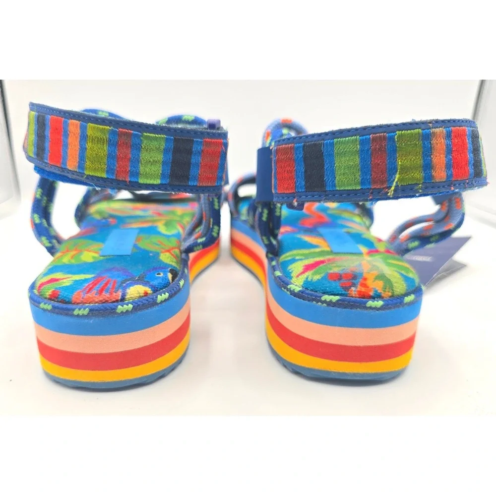Farm Rio Blue Macaw Platform Rope Sandals Tropical Rainbow Striped 10 NEW